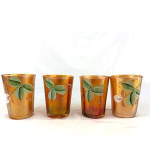 Lot of 4 Antique Fenton Enameled Windflower Marigold Carnival Glass Tumblers